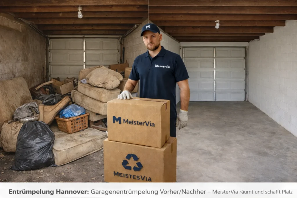 Garagenentrümpelung Hannover – Vorher Nachher, MeisterVia entsorgt alte Möbel, Kartons und Sperrmüll